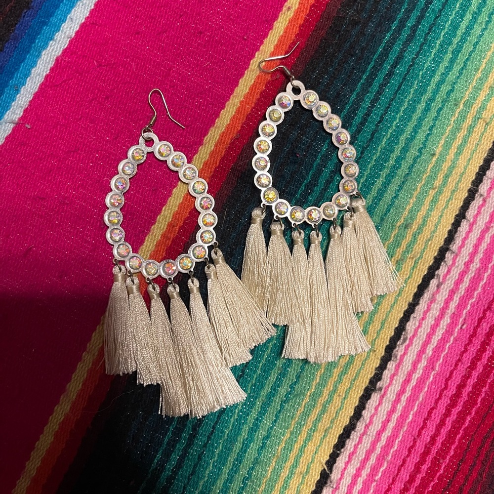 Large off white beige bling tassel earrings-WESTERN JEWERY| BOUTIQUE JEWELRY